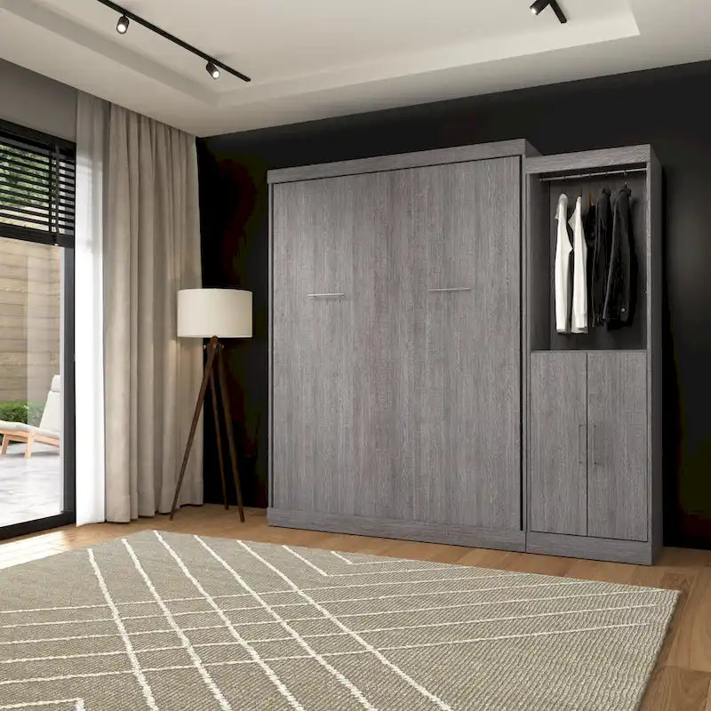 White/Grey/Antigua Queen Murphy Wall Bed with Closet Organizer & Doors, 2-Person Assembly, 90W