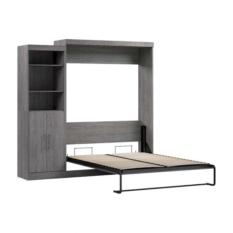 White/Grey/Antigua Queen Murphy Wall Bed with Closet Organizer & Doors, 2-Person Assembly, 90W