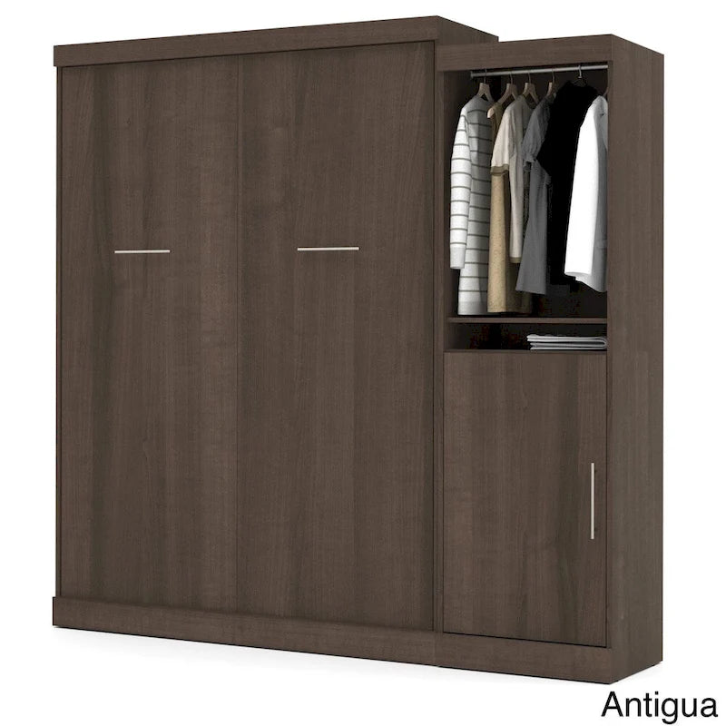 White/Grey/Antigua Queen Murphy Wall Bed with Closet Organizer & Doors, 2-Person Assembly, 90W