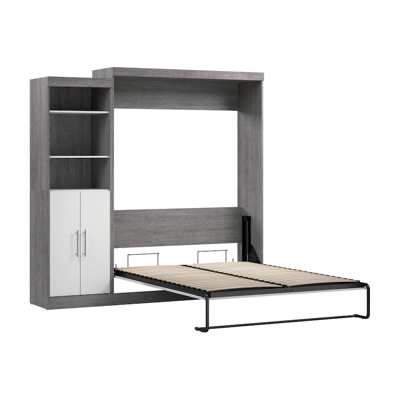 White/Grey/Antigua Queen Murphy Wall Bed with Closet Organizer & Doors, 2-Person Assembly, 90W