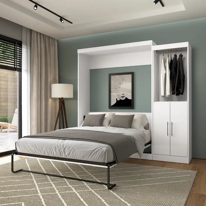 White/Grey/Antigua Queen Murphy Wall Bed with Closet Organizer & Doors, 2-Person Assembly, 90W
