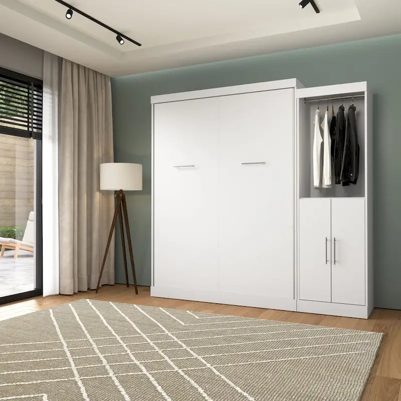 White/Grey/Antigua Queen Murphy Wall Bed with Closet Organizer & Doors, 2-Person Assembly, 90W