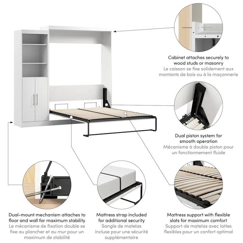 White/Grey/Antigua Queen Murphy Wall Bed with Closet Organizer & Doors, 2-Person Assembly, 90W