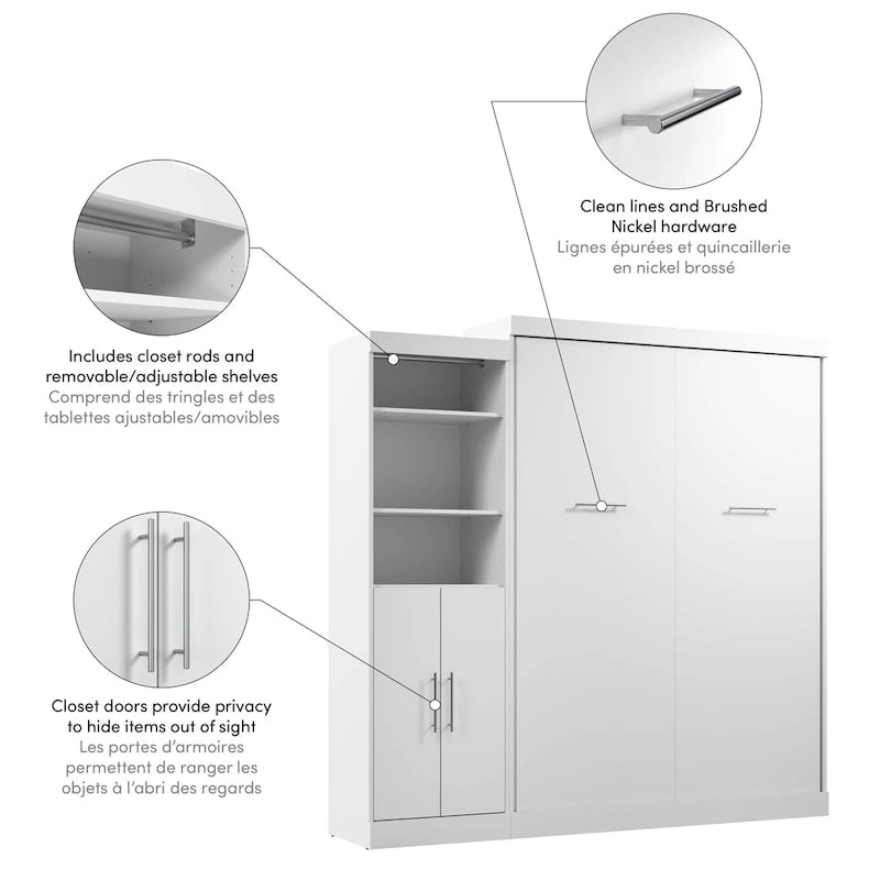 White/Grey/Antigua Queen Murphy Wall Bed with Closet Organizer & Doors, 2-Person Assembly, 90W