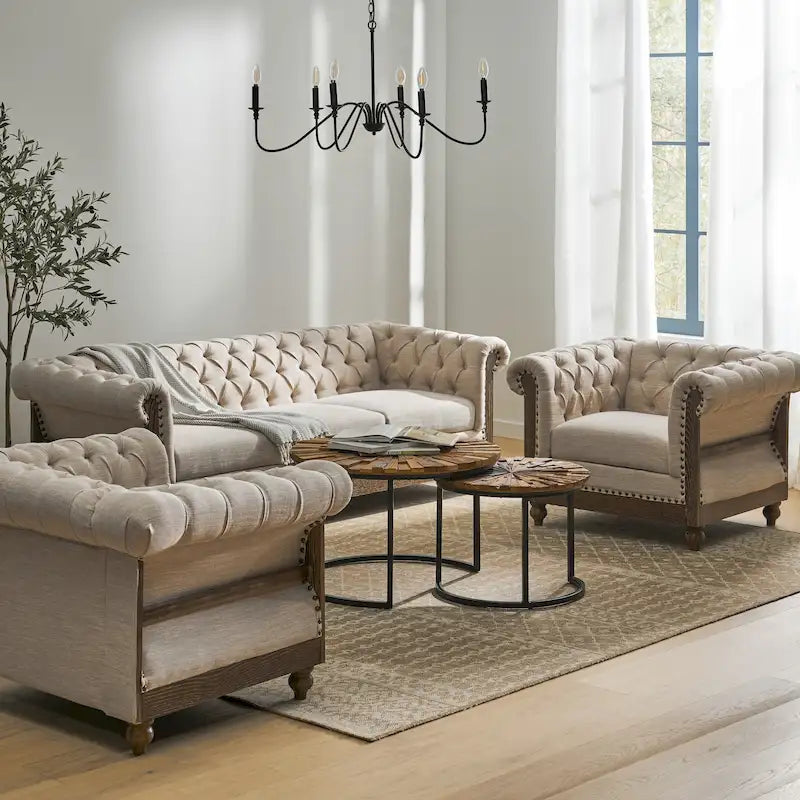 Dark Brown & Beige / Charcoal Chesterfield-Style Fabric Sofa Set, 3-Piece (Seats up to 5)