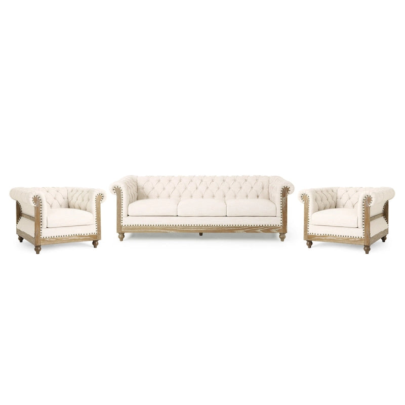 Dark Brown & Beige / Charcoal Chesterfield-Style Fabric Sofa Set, 3-Piece (Seats up to 5)
