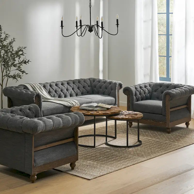 Dark Brown & Beige / Charcoal Chesterfield-Style Fabric Sofa Set, 3-Piece (Seats up to 5)