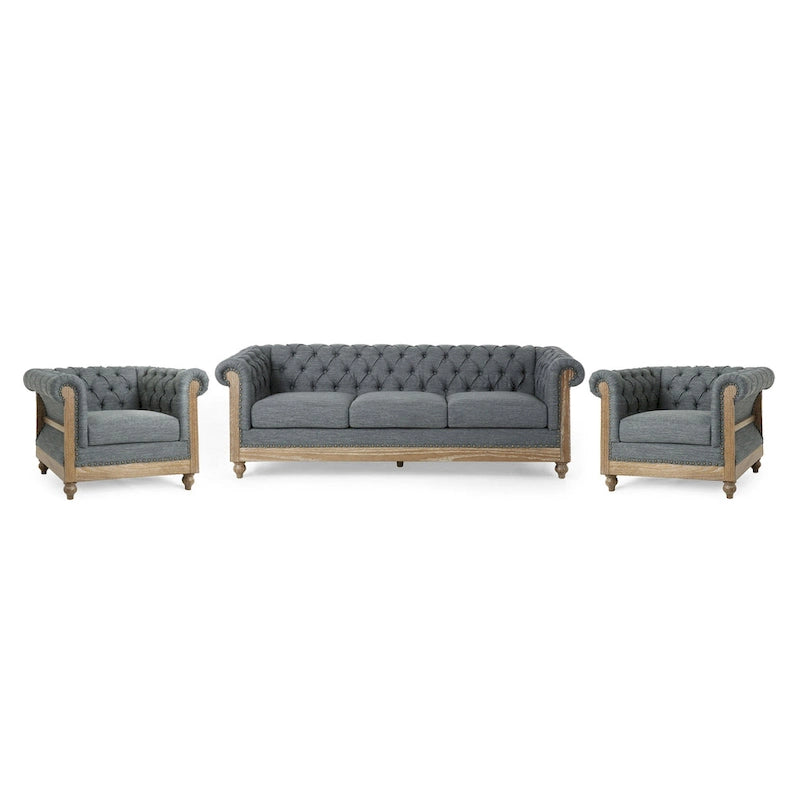 Dark Brown & Beige / Charcoal Chesterfield-Style Fabric Sofa Set, 3-Piece (Seats up to 5)