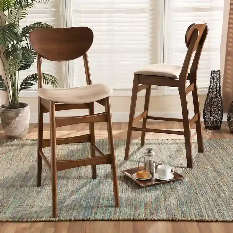 Walnut / Beige / Grey Mid-Century Bar Stool, Curved Back, Set of 2