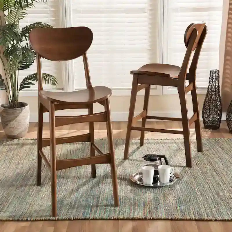 Walnut / Beige / Grey Mid-Century Bar Stool, Curved Back, Set of 2
