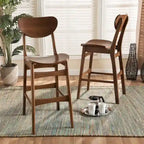 Walnut / Beige / Grey Mid-Century Bar Stool, Curved Back, Set of 2