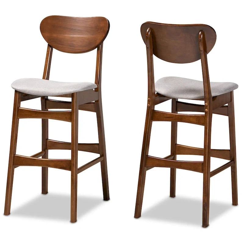 Walnut / Beige / Grey Mid-Century Bar Stool, Curved Back, Set of 2