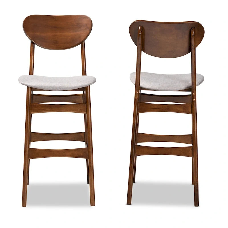 Walnut / Beige / Grey Mid-Century Bar Stool, Curved Back, Set of 2