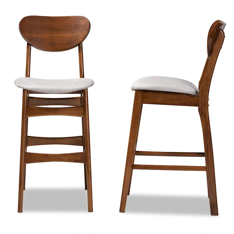 Walnut / Beige / Grey Mid-Century Bar Stool, Curved Back, Set of 2