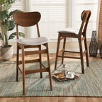 Walnut / Beige / Grey Mid-Century Bar Stool, Curved Back, Set of 2