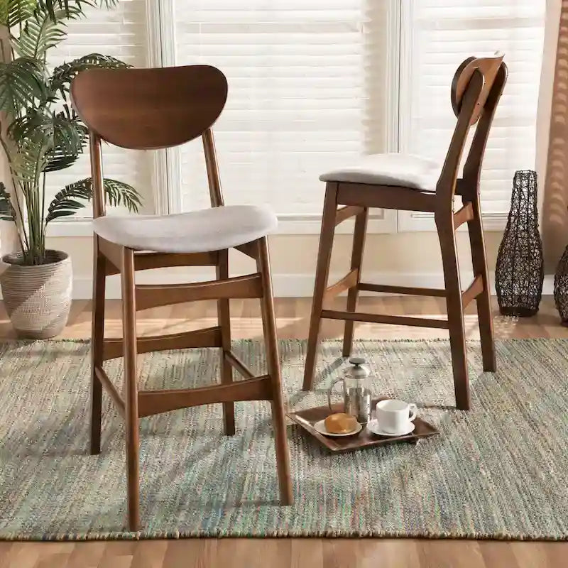 Walnut / Beige / Grey Mid-Century Bar Stool, Curved Back, Set of 2