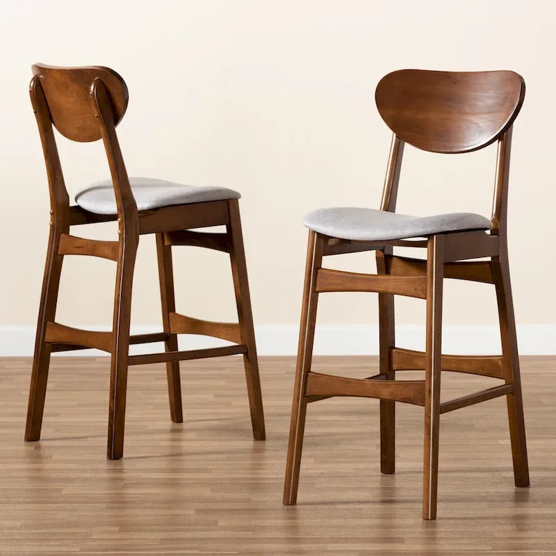 Walnut / Beige / Grey Mid-Century Bar Stool, Curved Back, Set of 2