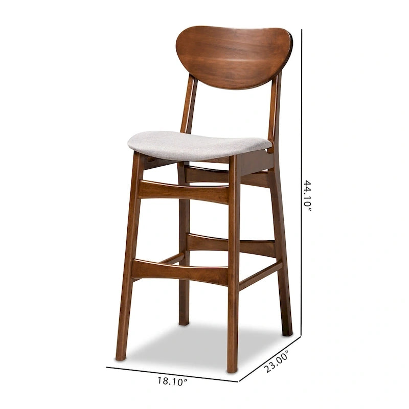 Walnut / Beige / Grey Mid-Century Bar Stool, Curved Back, Set of 2