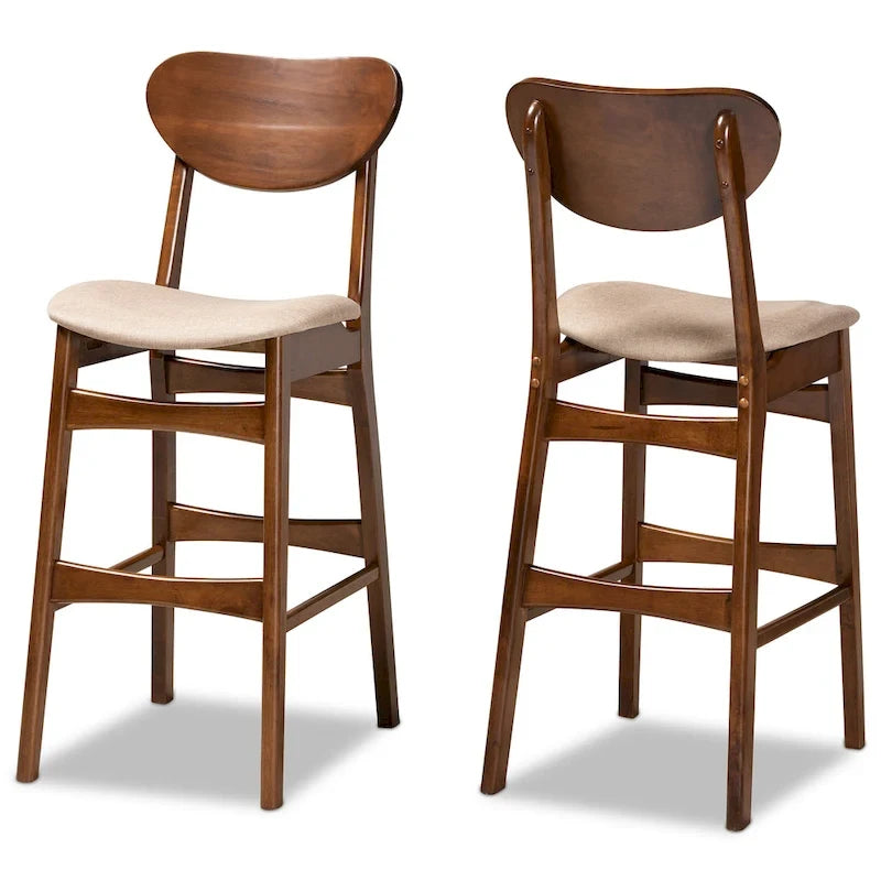 Walnut / Beige / Grey Mid-Century Bar Stool, Curved Back, Set of 2