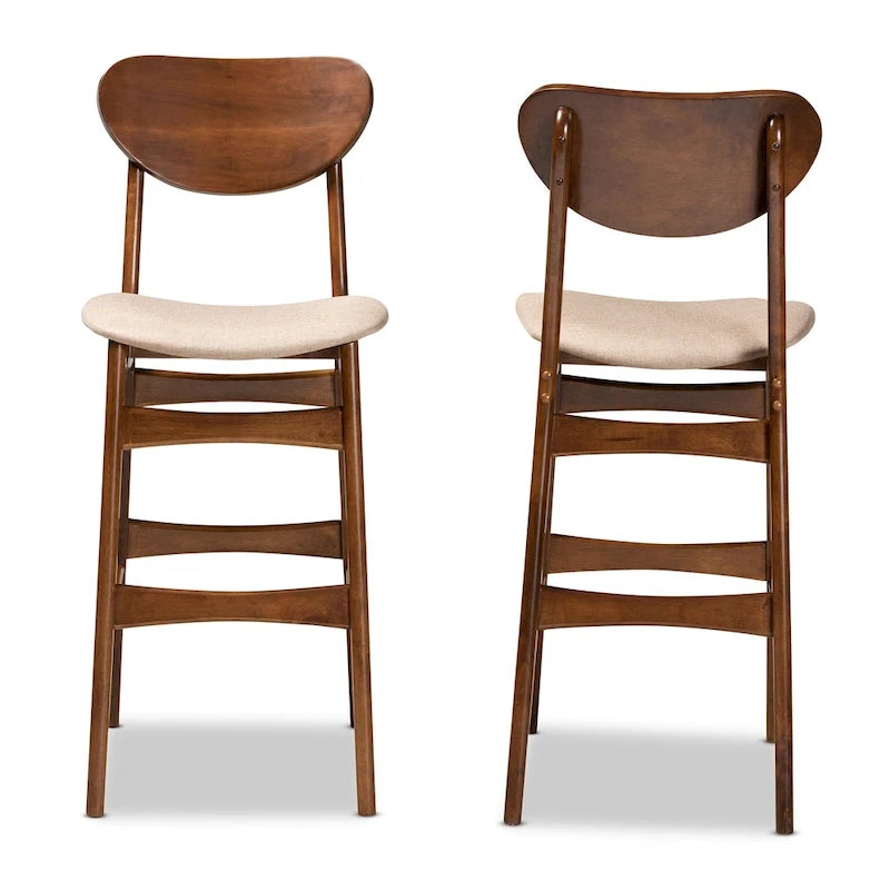 Walnut / Beige / Grey Mid-Century Bar Stool, Curved Back, Set of 2