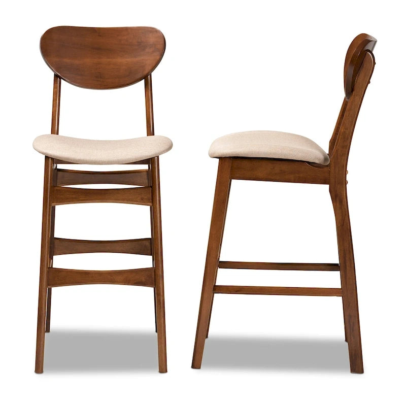 Walnut / Beige / Grey Mid-Century Bar Stool, Curved Back, Set of 2