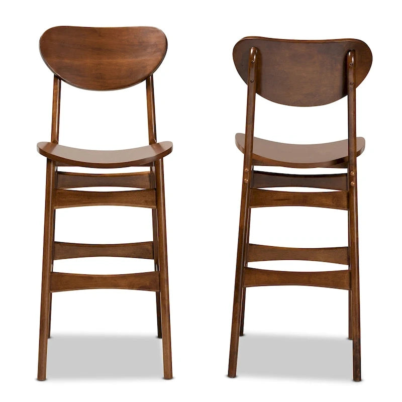 Walnut / Beige / Grey Mid-Century Bar Stool, Curved Back, Set of 2