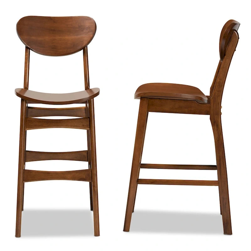 Walnut / Beige / Grey Mid-Century Bar Stool, Curved Back, Set of 2