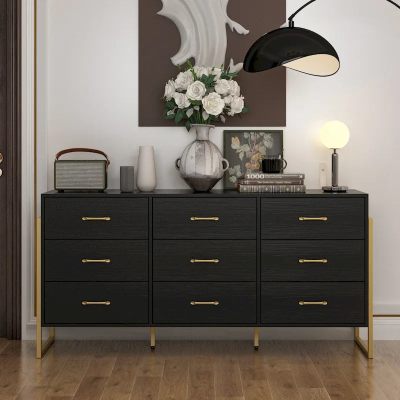 Black / White 9-Drawer Dresser with Gold Handles, Single