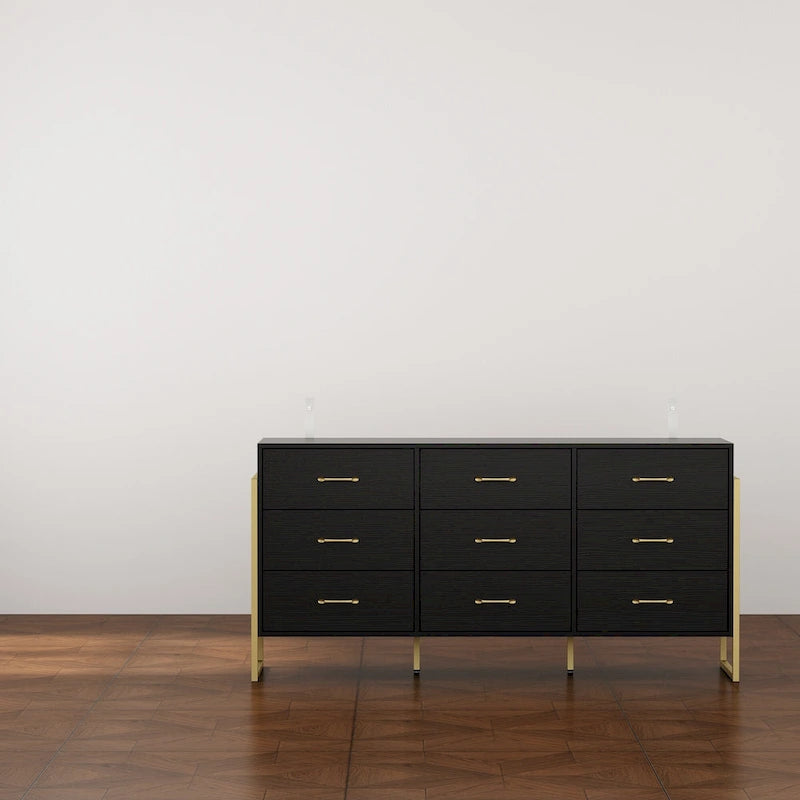 Black / White 9-Drawer Dresser with Gold Handles, Single