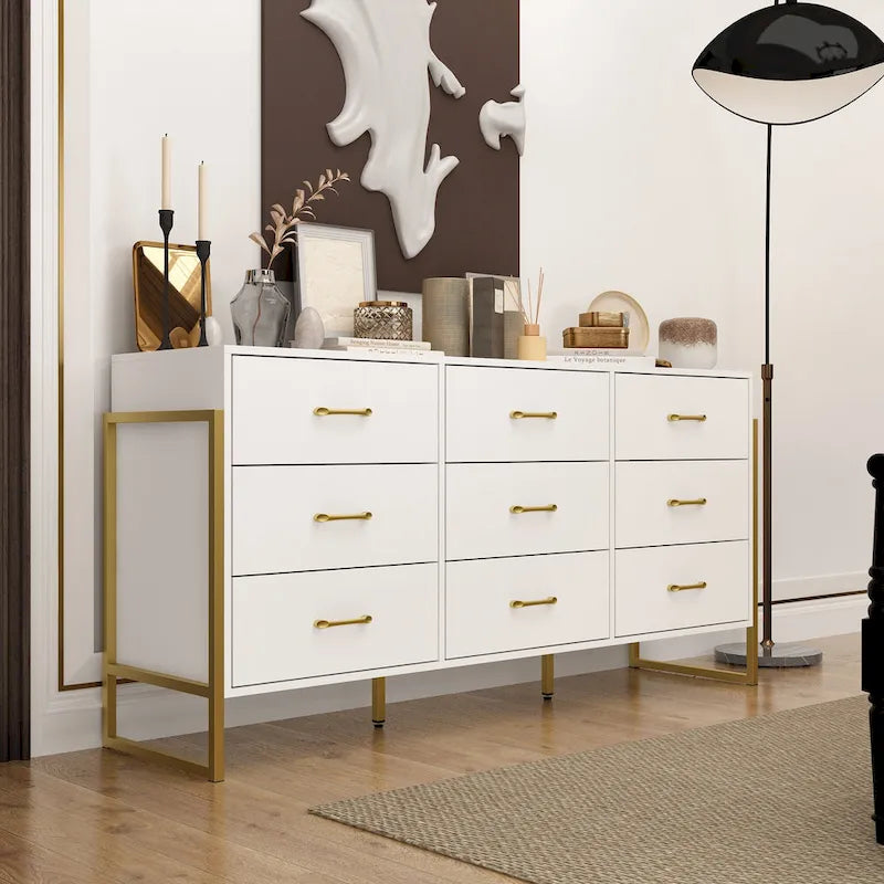 Black / White 9-Drawer Dresser with Gold Handles, Single