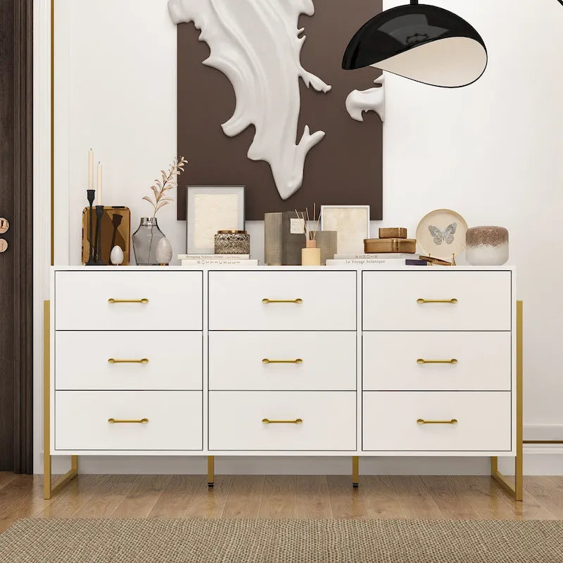 Black / White 9-Drawer Dresser with Gold Handles, Single