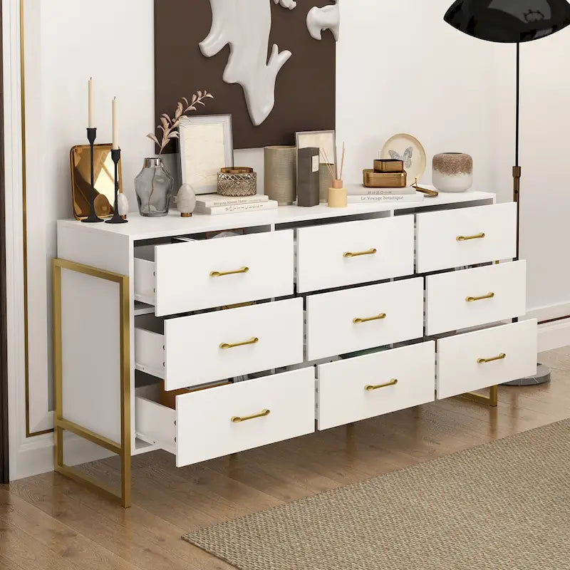 Black / White 9-Drawer Dresser with Gold Handles, Single