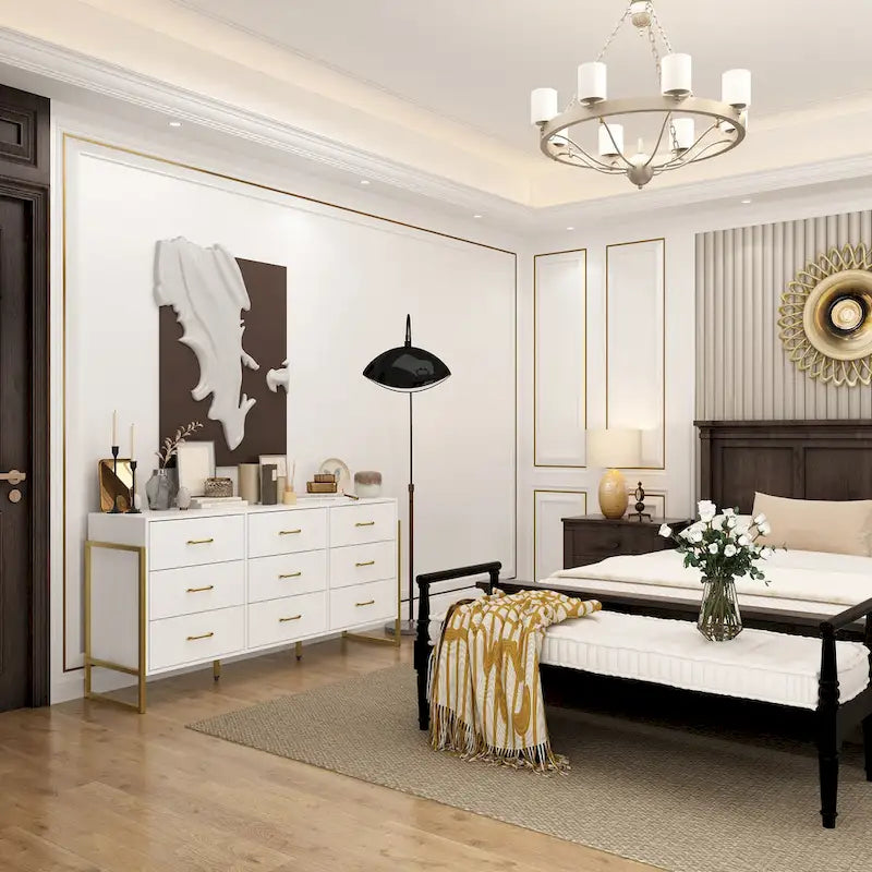 Black / White 9-Drawer Dresser with Gold Handles, Single