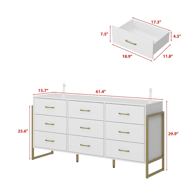 Black / White 9-Drawer Dresser with Gold Handles, Single