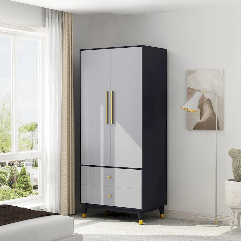 Grey / Brown / White 2-Door Wooden Wardrobe with 2 Drawers