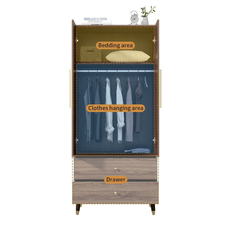 Grey / Brown / White 2-Door Wooden Wardrobe with 2 Drawers