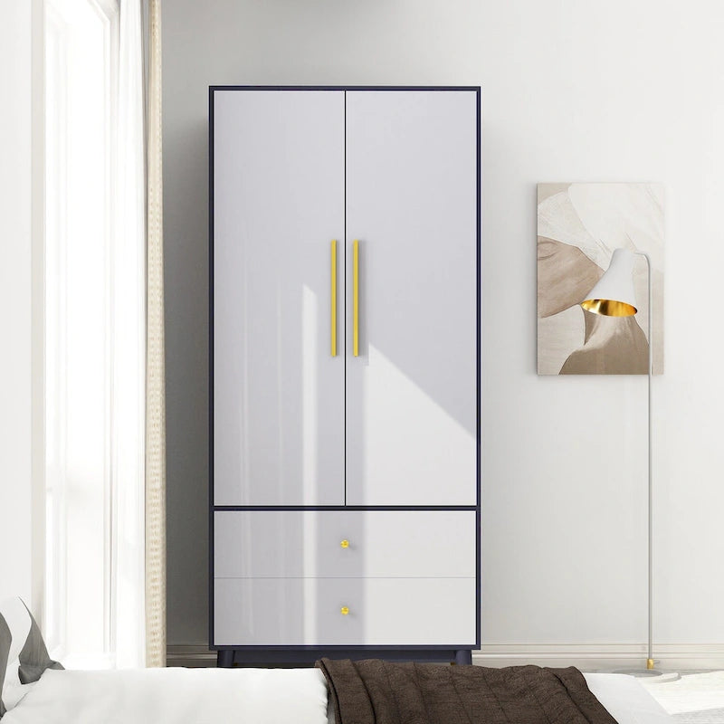 Grey / Brown / White 2-Door Wooden Wardrobe with 2 Drawers
