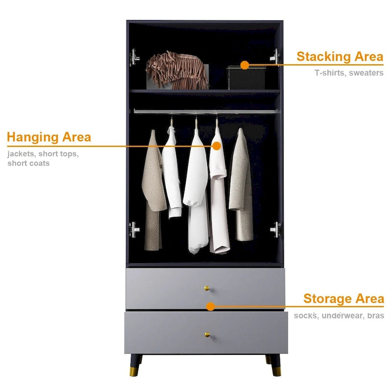 Grey / Brown / White 2-Door Wooden Wardrobe with 2 Drawers