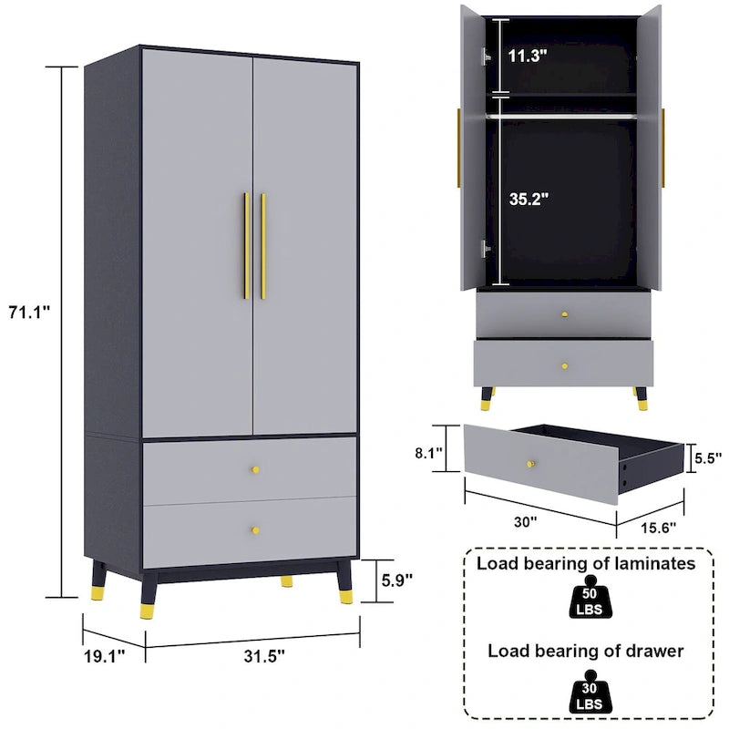 Grey / Brown / White 2-Door Wooden Wardrobe with 2 Drawers