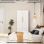 Grey / Brown / White 2-Door Wooden Wardrobe with 2 Drawers