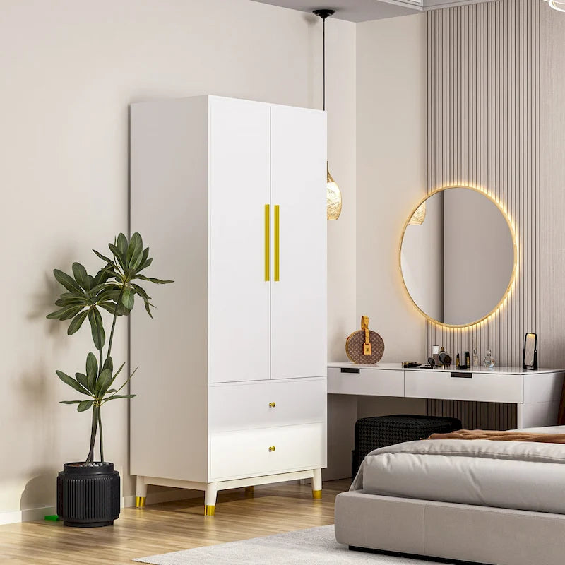 Grey / Brown / White 2-Door Wooden Wardrobe with 2 Drawers