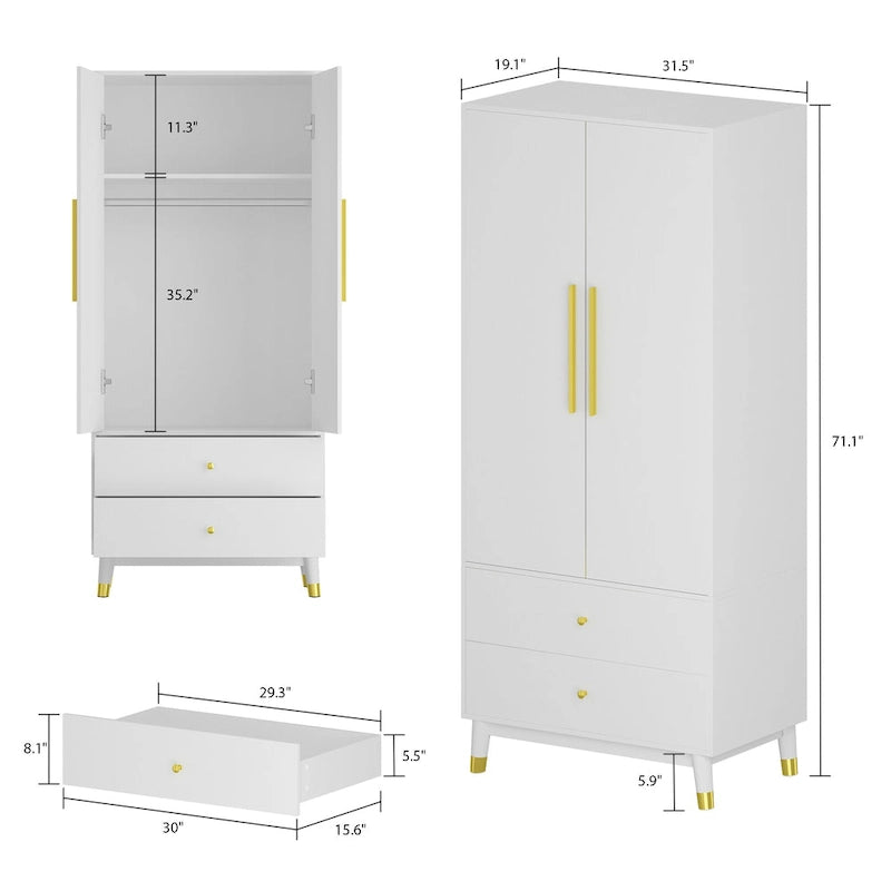 Grey / Brown / White 2-Door Wooden Wardrobe with 2 Drawers