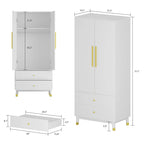 Grey / Brown / White 2-Door Wooden Wardrobe with 2 Drawers