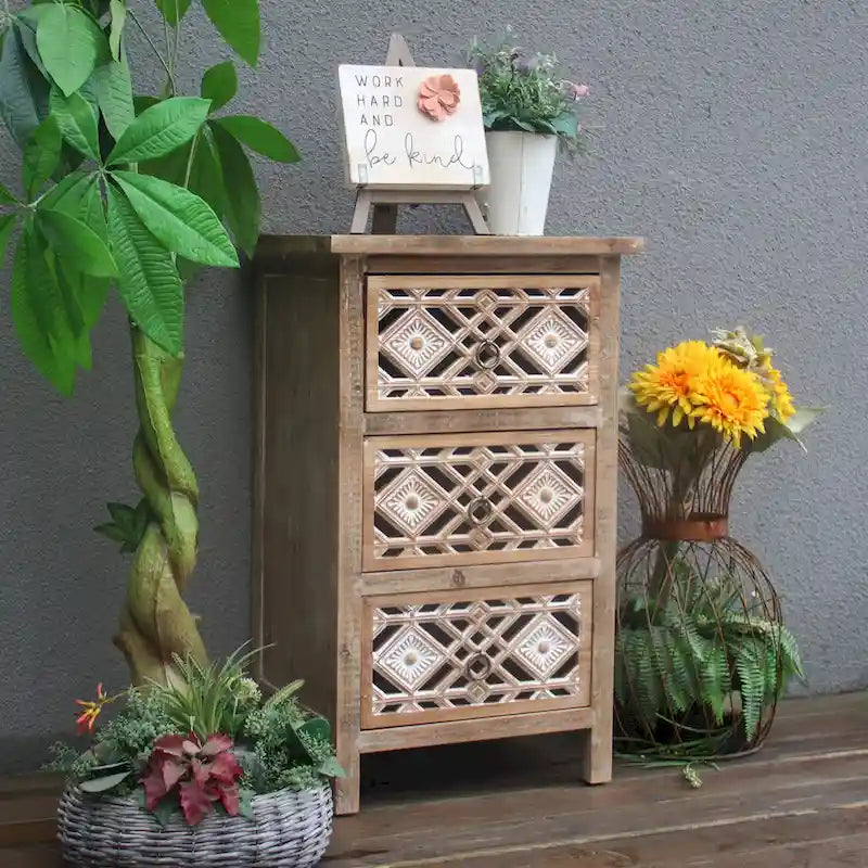 Brown Wood Nightstand with 3 Carved Drawers, Single Bedside Table