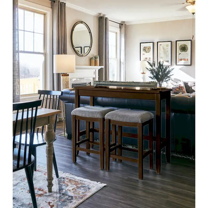 Espresso Wood Pub-Height Sofa Table with 2 Counter-Height Stools, Seats 2