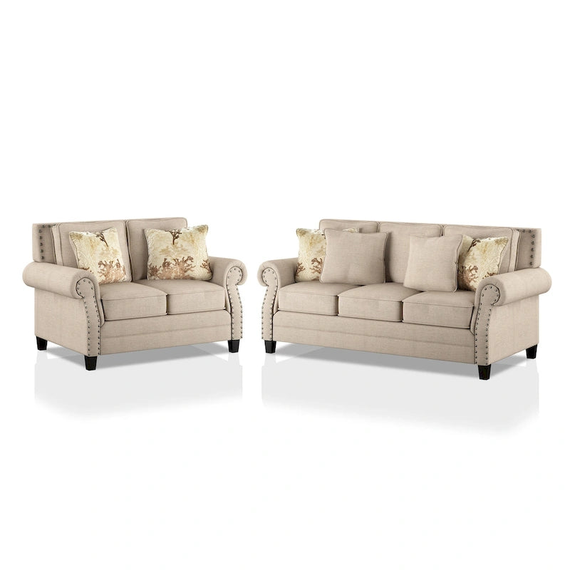 Beige Chenille Traditional Sofa & Loveseat Set, 2-Seat + 3-Seat