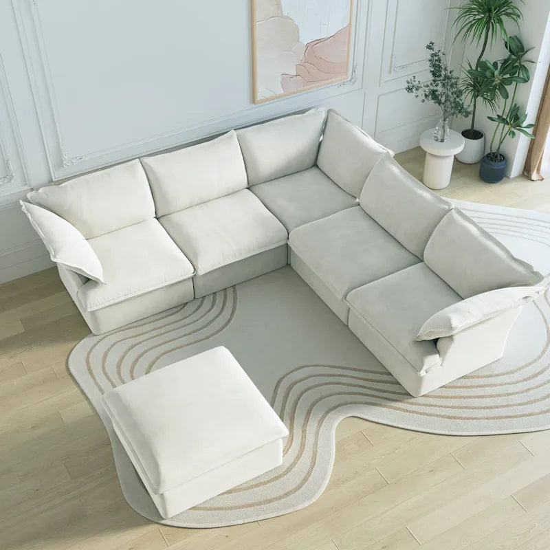 Black / Beige / White L-Shaped Modular Sectional Sofa with Ottoman, Seats 4–5