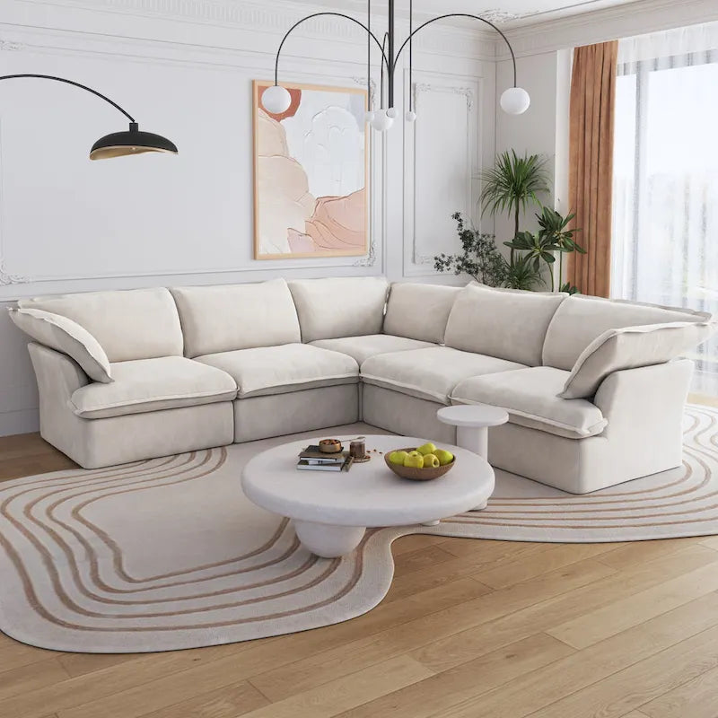 Black / Beige / White L-Shaped Modular Sectional Sofa with Ottoman, Seats 4–5