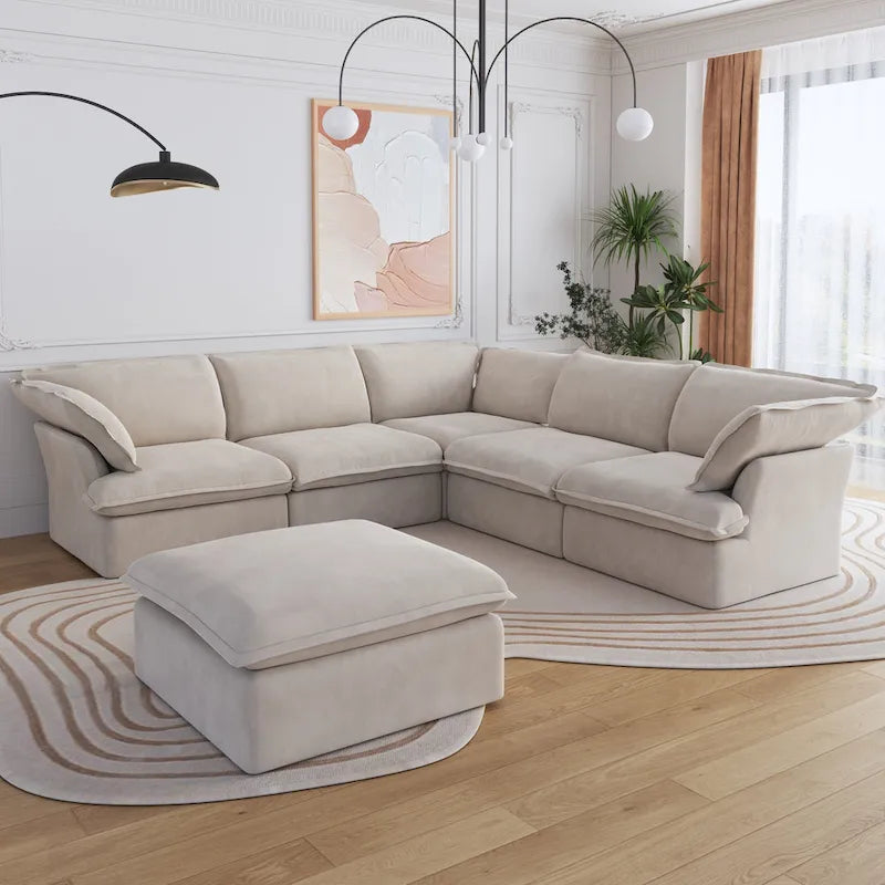 Black / Beige / White L-Shaped Modular Sectional Sofa with Ottoman, Seats 4–5
