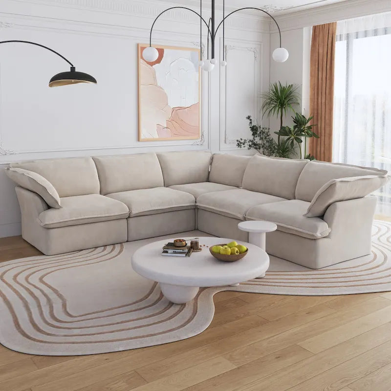 Black / Beige / White L-Shaped Modular Sectional Sofa with Ottoman, Seats 4–5